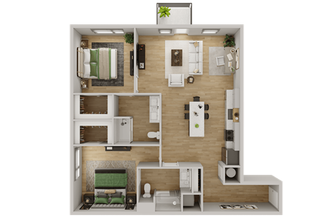 a 3d rendering of a bedroom and living room with a wood floor